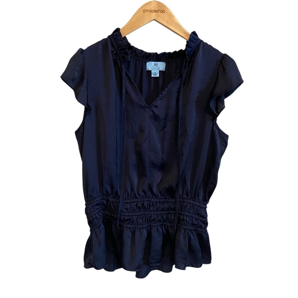 CeCe Navy Blue Satin Short Sleeve Cinched Blouse Size Medium